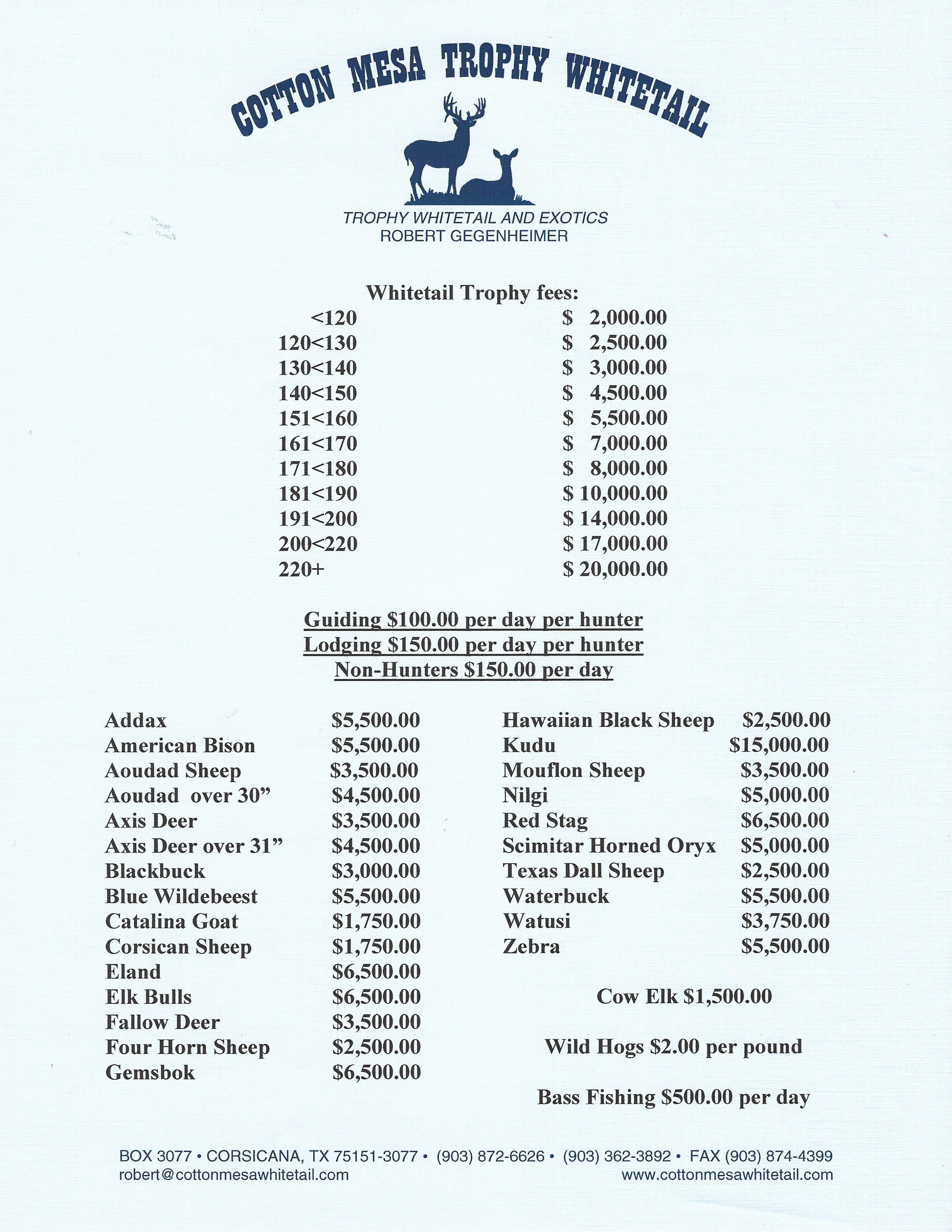 Price List Cotton Mesa Whitetail